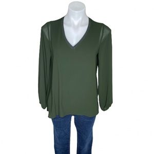 Soft Surroundings Olive Green Sheer Sleeve Top